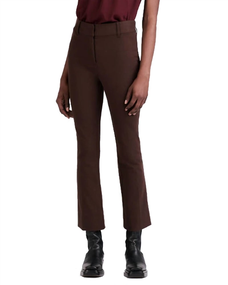 Front of a model wearing a size US12 Cropped Flare Trouser In Chocolat in Chocolat by Derek Lam 10 Crosby. | dia_product_style_image_id:351136